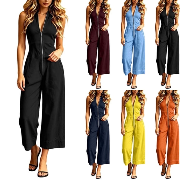 Jumpsuits for Women Sleeveless Zipper V Neck One Piece Jumpsuit Waist Cinched Slim Fit Wide Leg Ankle Length Jumpsuit with Pockets Summer Casual Outfits
