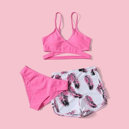 BLTIBY Womens 3 Piece Swimsuits Suspender Tops with Shorts Thong Bikini Bathing Suit High Waisted Tankini Set Fashion Swimwear Pink S