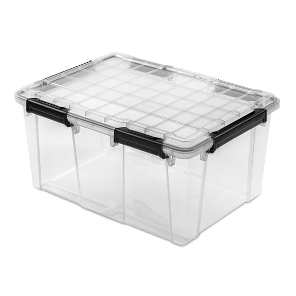 Sterilite Large Gasket Box, 80 Quart WaterProof Clear Plastic Storage Bin with Lid, Gasket Seal and Durable Latches, Black