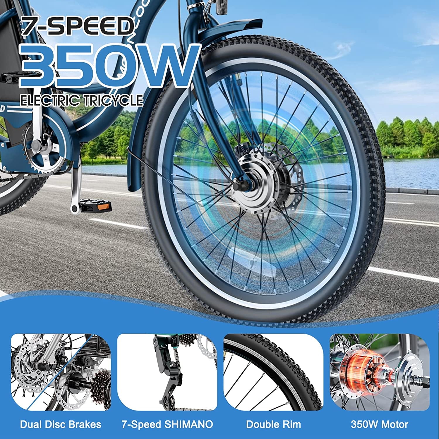 Lilypelle 24" 26" 3 Wheel Electric Tricycle for Adults, 350W 36V 7 Speeds Motorized Electric Trike Three Wheel Electric Bikes Bicycle with Large Basket for Women Men