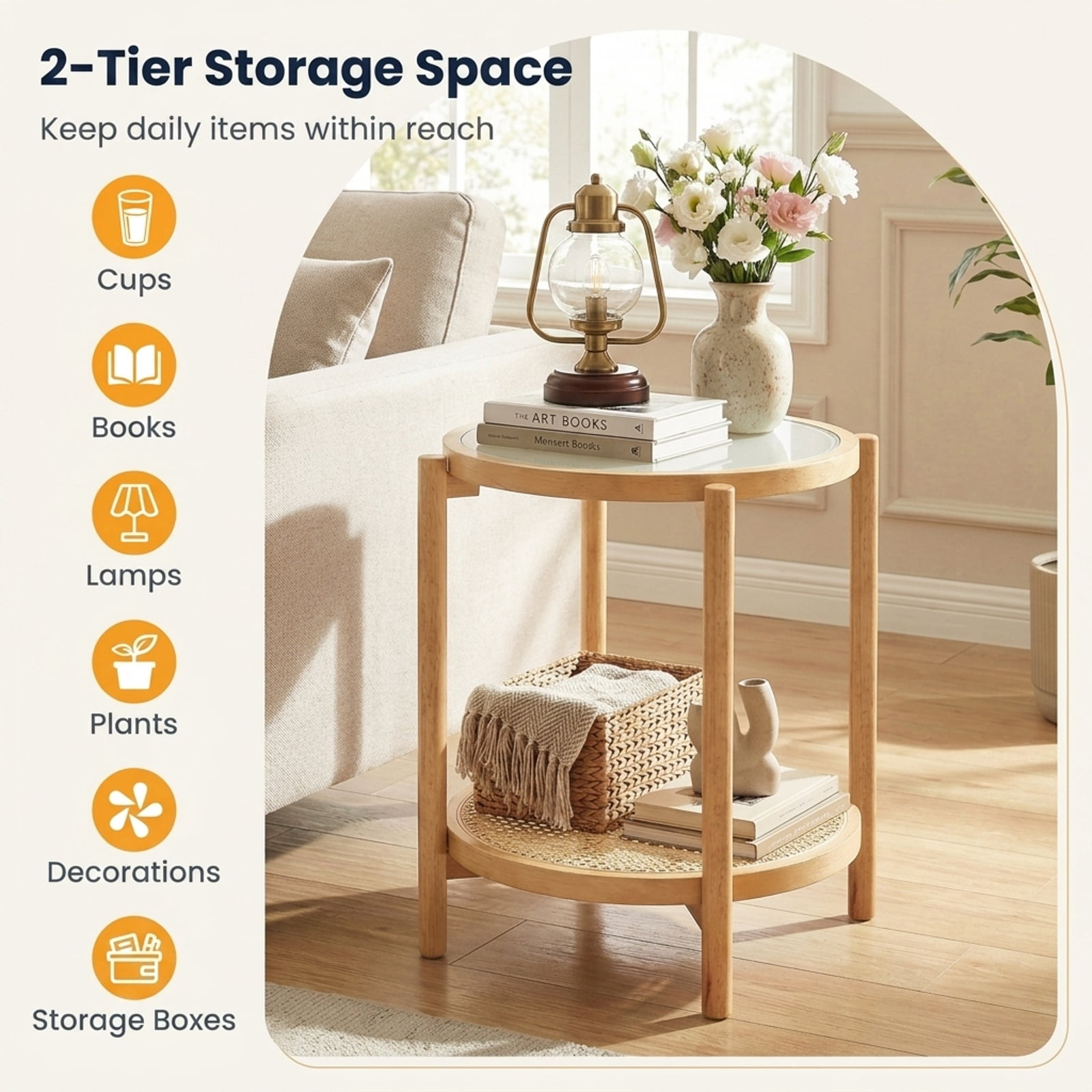 Furnibear Round Side Table 2 Tier Boho End Table with Tempered Glass Top and Woven Rattan Shelf on Acacia Wood Legs for Living Room, Natural