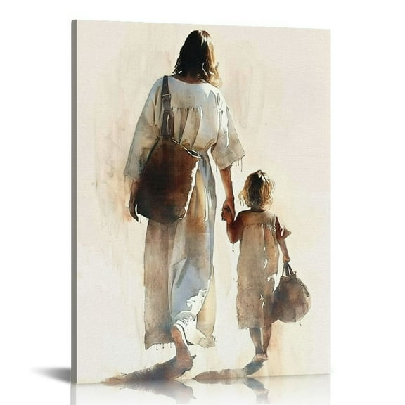 JEUXUS Jesus Canvas Wall Art God and Girl Back View Pictures Prints Christian Spiritual Poster Watercolor Artwork for Prayer Room Living Room Framed 12x16 in