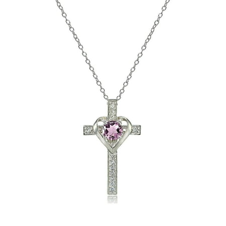 - Sterling Silver Gemstone Birthstone Heart in Cross Necklace
