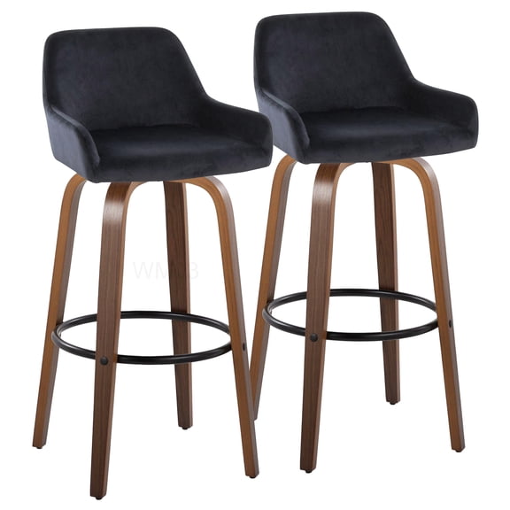 Modern Swivel Bar Stools Set of 2, Black Velvet Upholstery and Walnut Wood Legs