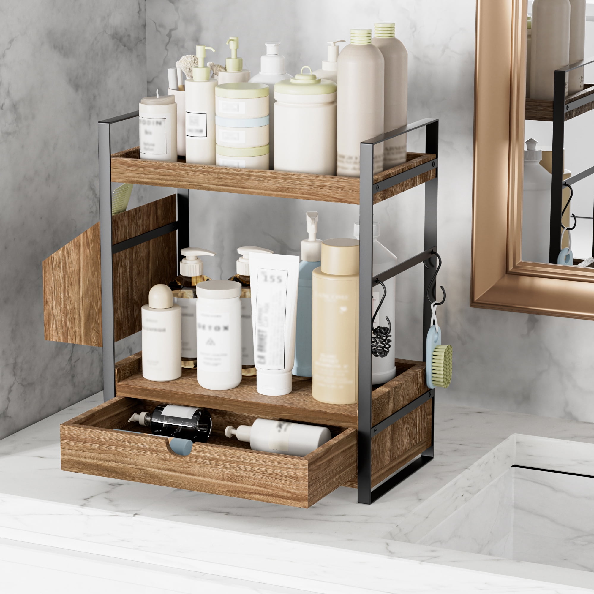 Gijjgole 2-Tier Bathroom Counter Organizer with Drawer and Basket, Wood Countertop Organizer for Storage, Skincare Organizers for Vanity, Counter Shelf for Bathroom Organization