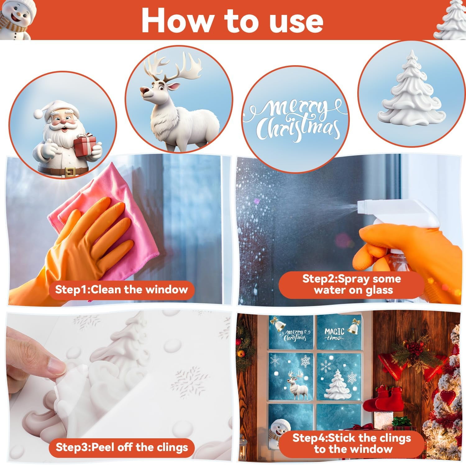 Christmas Window Stickers, 3D Xmas Window Decals White Christmas Window Clings Double Sided for Christmas Window Decorations(8 Sheets)