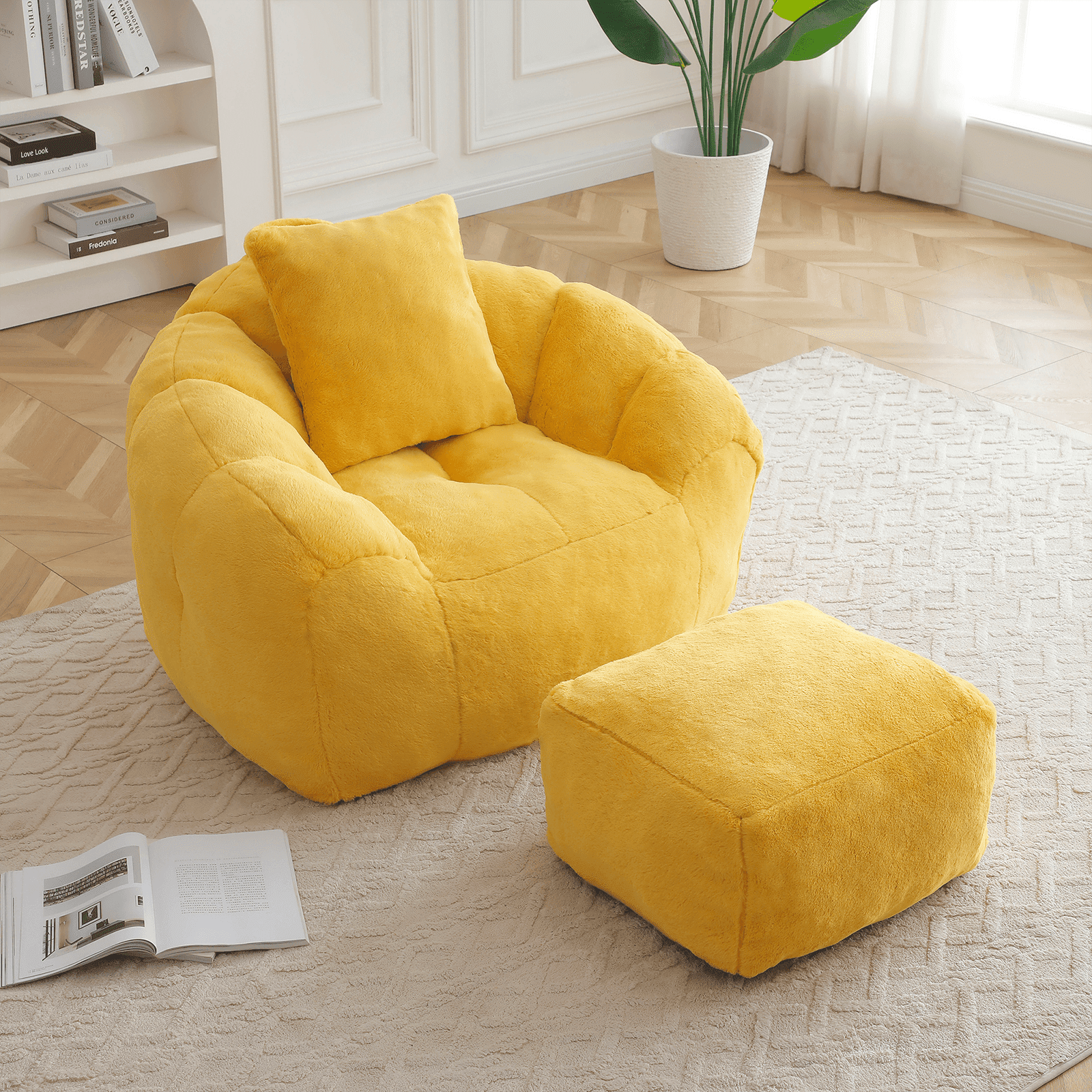 Lovableguy Oversized Bean Bag Chair for Adults and Kids,Shell-Shaped Fluffy Faux Fur Lazy Floor Sofa with Foot Stool for Living Room,Dorm,Yellow