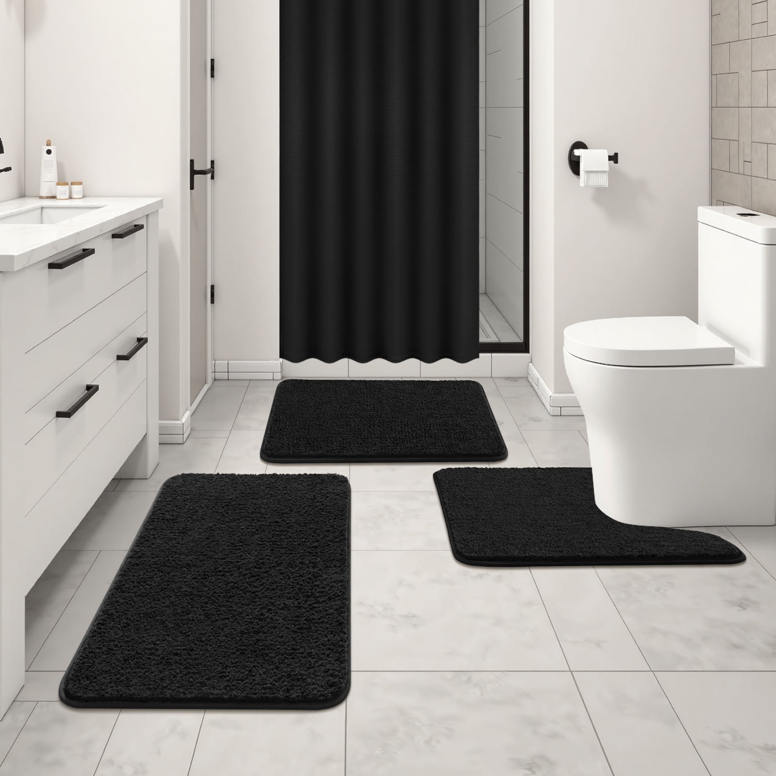 ‌Ileading 16-Piece Shower Curtain Set with Rugs, Waterproof Waffle Shower Curtain & Soft Non-Slip Bath Rugs with 12 Hooks, Black Bathroom Sets