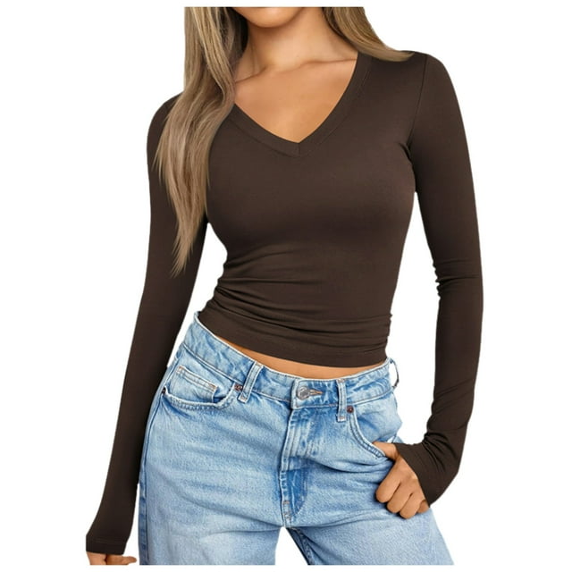 Chemises à Manches Longues pour Femmes Col en V Sortie Ajustée Crop Top Décontracté Mode Automne 2025