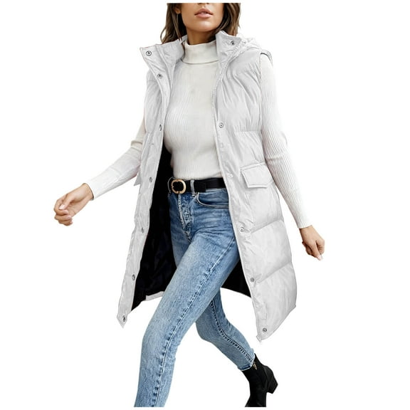 ZHYou Long Puffer Vest for Women Quilted Hooded Vest Padded Sleeveless Coat Jackets with Pockets,White,Size:L