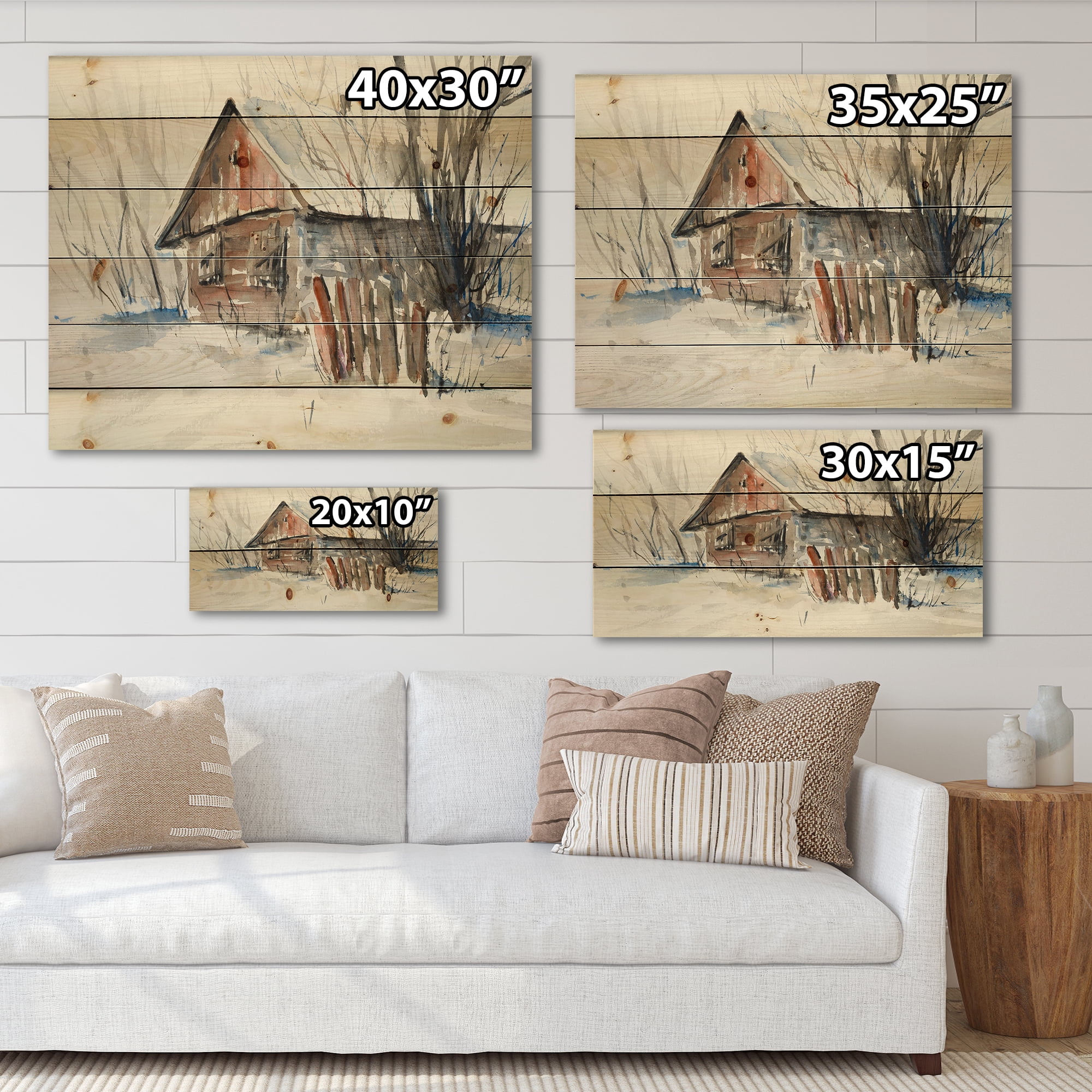 Designart 'Old Abandoned Wooden House In Winter Snow Picture' Traditional Print on Natural Pine Wood