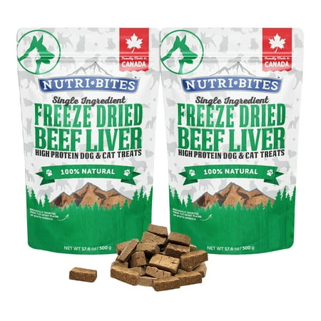 Nutri Bites Freeze Dried Liver Treats for Dogs & Cats - High-Protein Single Ingredient Freeze Dried Dog Treats, Beef Liver - Grain Free, Easy to Digest - Proudly Made in Canada - 500g / 17.6oz (2pk)