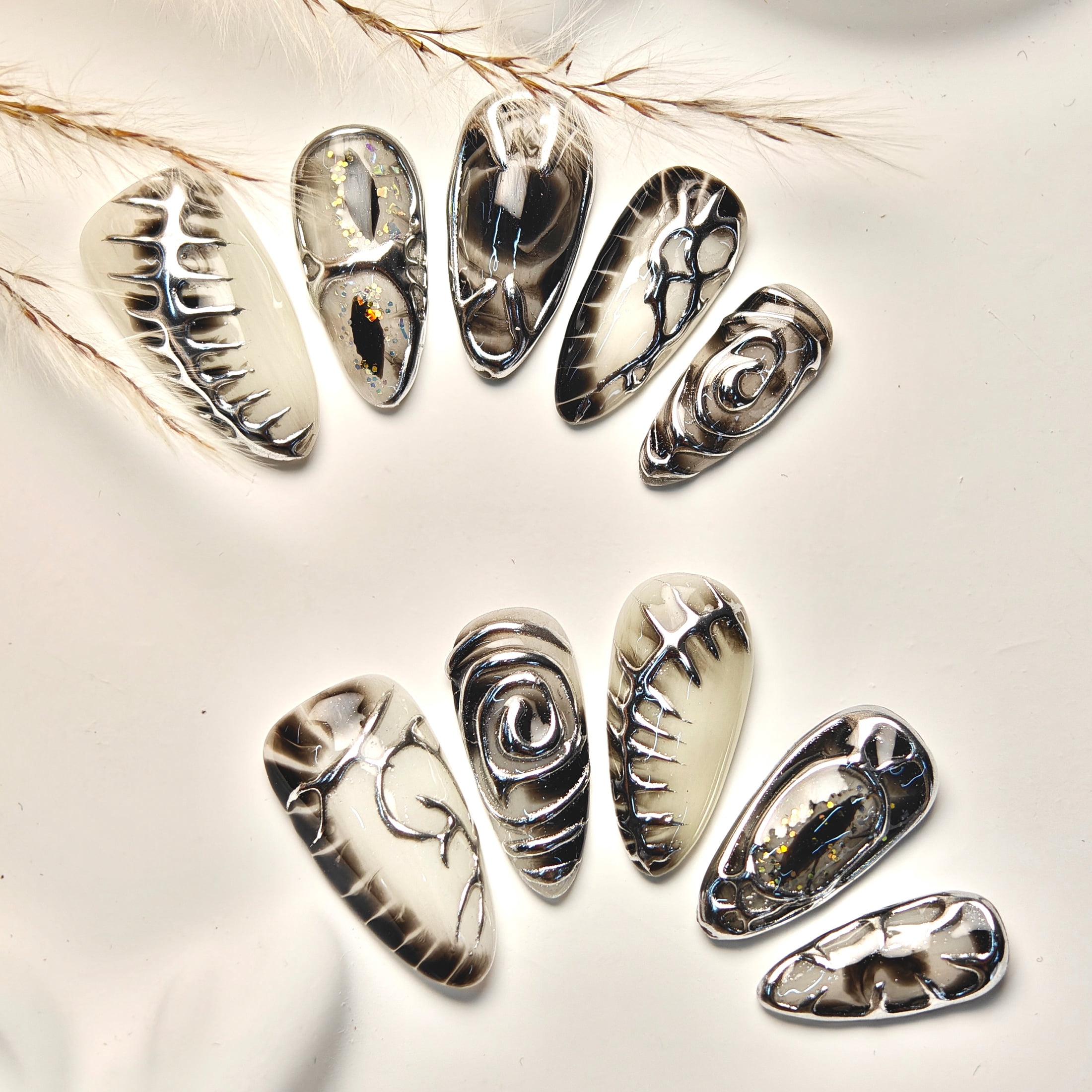 10pcs Almond Medium Handmade Press On Nails, Y2K Goth Style, Silvery 3D Liquid Metal Design, Suitable For Summer Party, For Women Girls