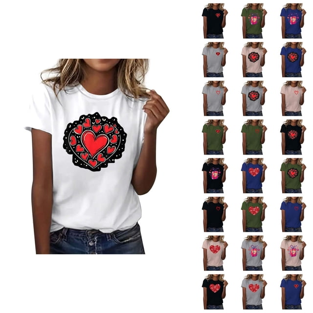 T-shirts de la Saint-Valentin pour Femmes 2026 à la Mode Manches Courtes Col Rond avec Cœur Graphique
