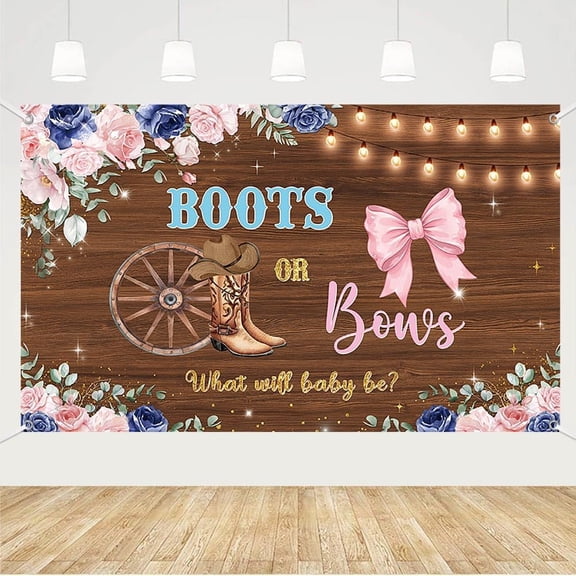 5.9x3.6FT Boots or Bows Gender Reveal Backdrop Boy or Girl What Will Baby Be Photography Background Rustic Wall Blue Pink Floral He or She Gender Reveal Party Decorations Banner Photo Booth Props