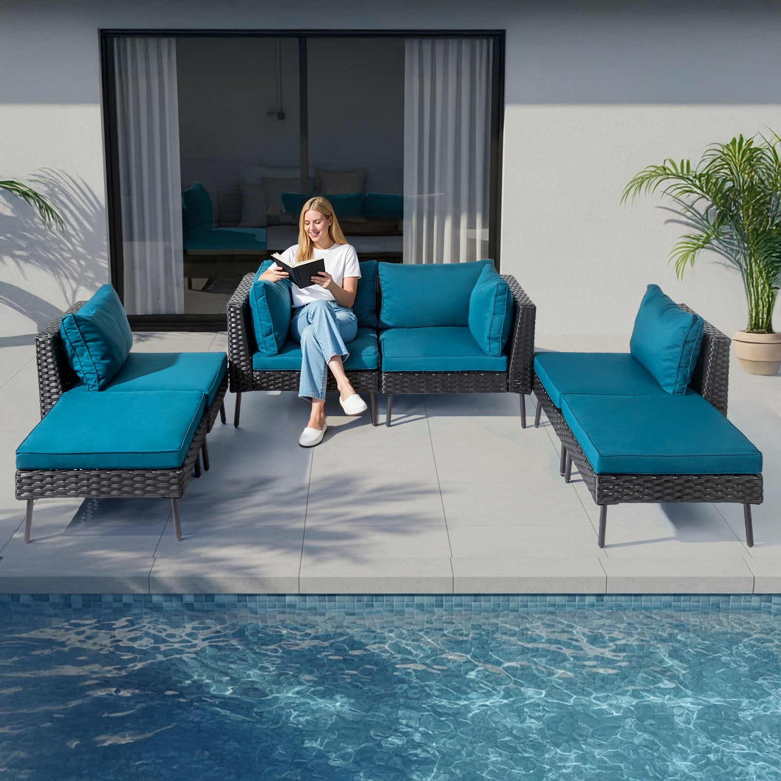 Ktaxon 6 Pieces  Modular Patio Sectional Set, All-Weather Wicker with Removable Cushions & Ottomans, Black Rattan Peacock Green