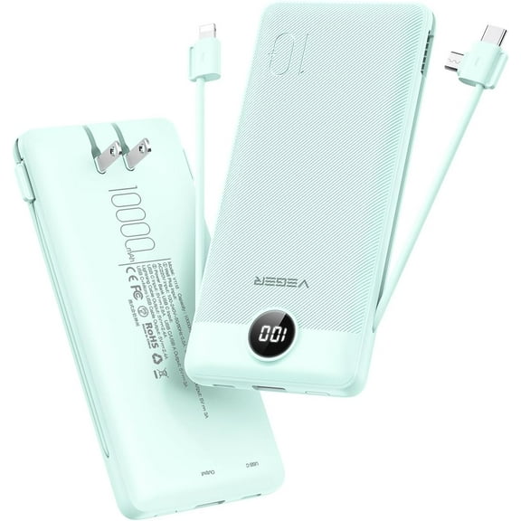 Portable Charger with Built-in AC Plug and Cables, in One 10000mAh Ultra Slim Power Bank Travel Essentials, Fast Charging Battery Pack Compatible iPhone, , Android (Green)