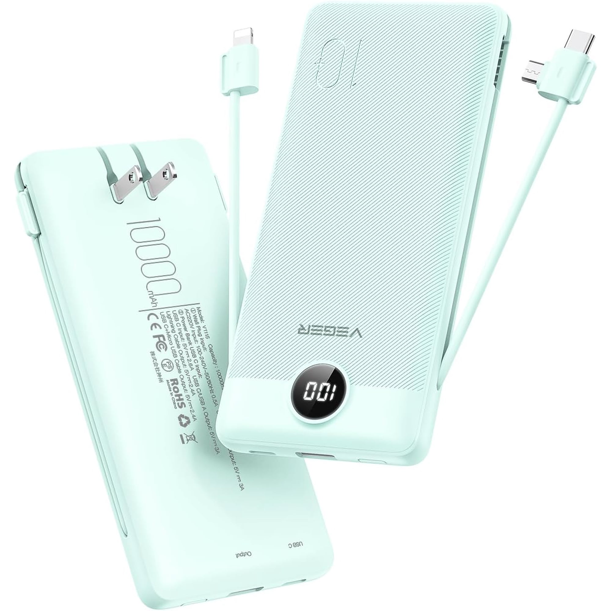 Portable Charger with Built-in AC Plug and Cables, All in One 10000mAh Ultra Slim Travel Essentials, Fast Charging Battery Pack Compatible with iPhone, Samsung, Android (Green)