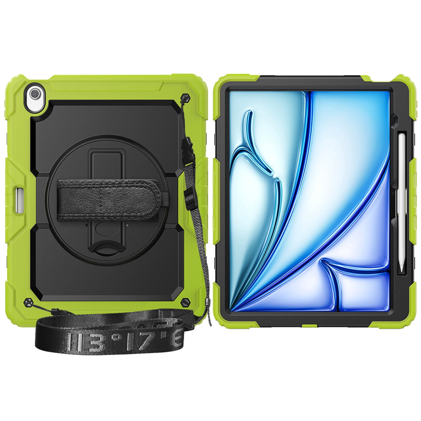 Dteck Full Body Case for iPad Air 13 inch 2025/2024,Shockproof 3-Layer Protection Case with Screen Protector 360° Rotating Stand Built-in Pencil Holder Cover with Hand/Shoulder Strap,Green