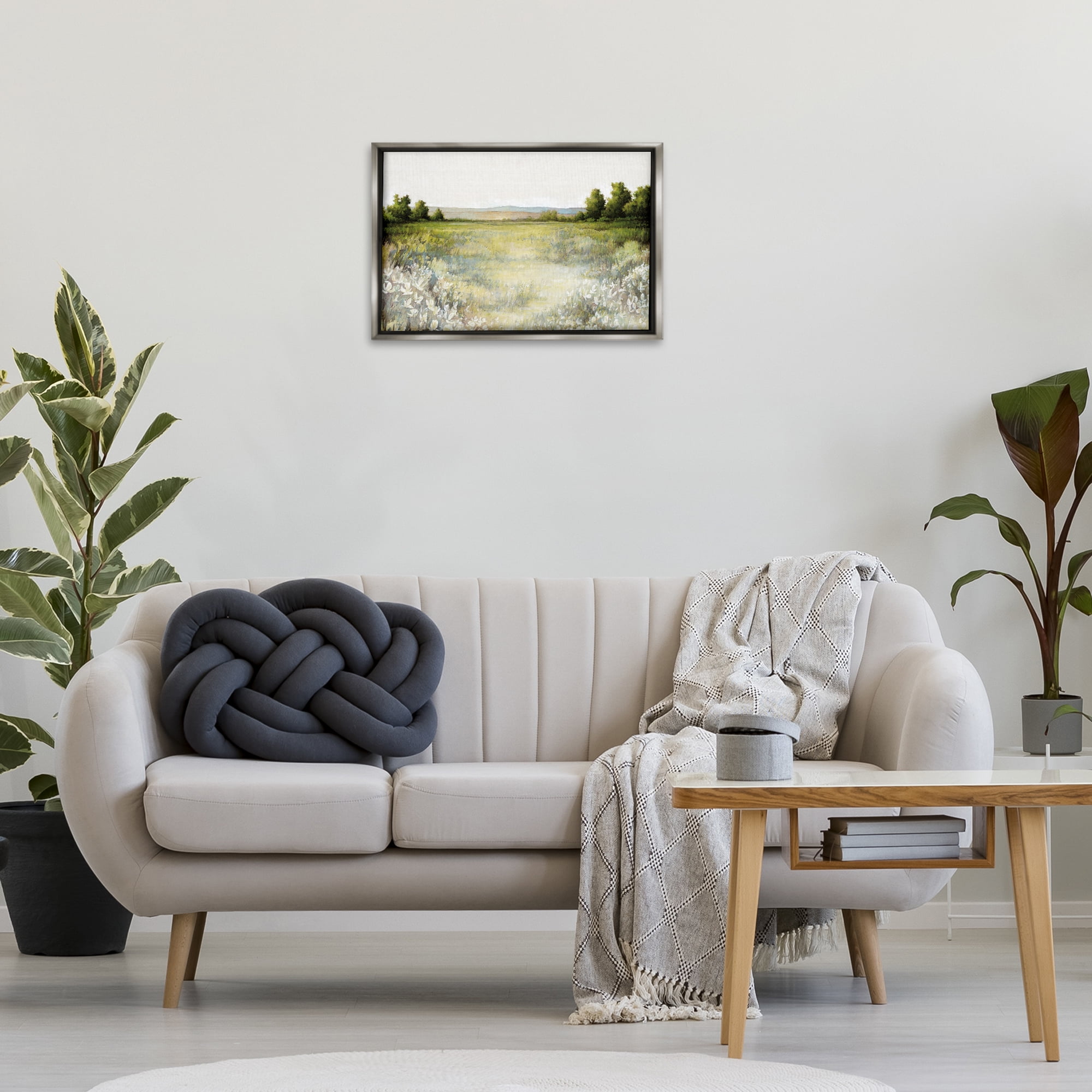 Stupell Industries White Flowers Meadow Landscape & Nature Painting Gray Floater Framed Canvas Art Print Wall Art, 25 x 17