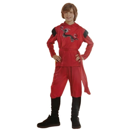 Boys Red Dragon Ninja Child Halloween Costume Hooded Top Pants & Waist Sash