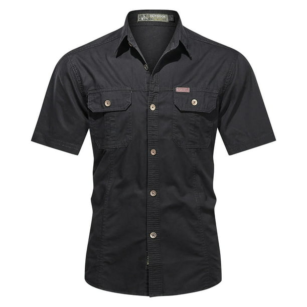 Alrise Black Summer Work Clothes Short Sleeve Cotton Shirt Men's Work Clothes Outdoor Loose Men
