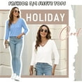 thumbnail image 4 of VDJ Women 3/4 Sleeve T Shirts Fashion Button Down V Neck White Blouse Plain Color Casual Fall Tops for Women Tee Shirt Clothing Size XL, 4 of 8
