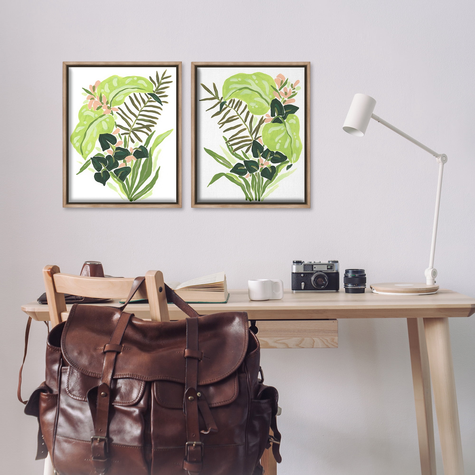 Stupell Industries Abstract Tropical Blooms Botanical & Floral Painting Brown Floater Framed Canvas Art Print Wall Art, 17 x 21, Set of 2