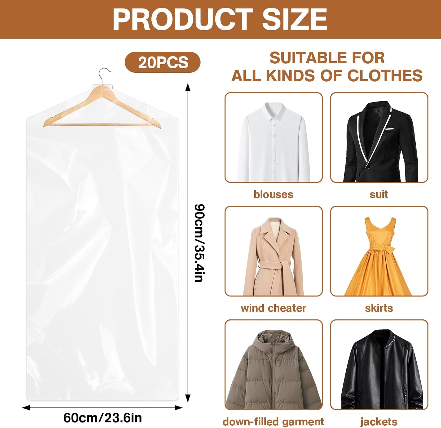 100 Pack Clear Garment Bags for Hanging Clothes, Dry Cleaner Bags, Plastic Garment Bags, Dry Cleaning Bags, Clear Plastic Bags for Clothes Cover, for Dry Cleaner Closet Storage Travel, 60x90cm
