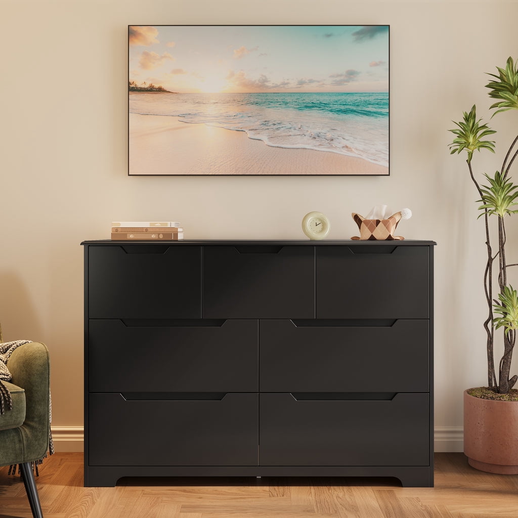 Aiho 7 Drawer Dresser, Wide Chest of Drawers Nightstand Storage Tower Storage Wooden Dresser for Living Room, Bedroom, Hallway - Black