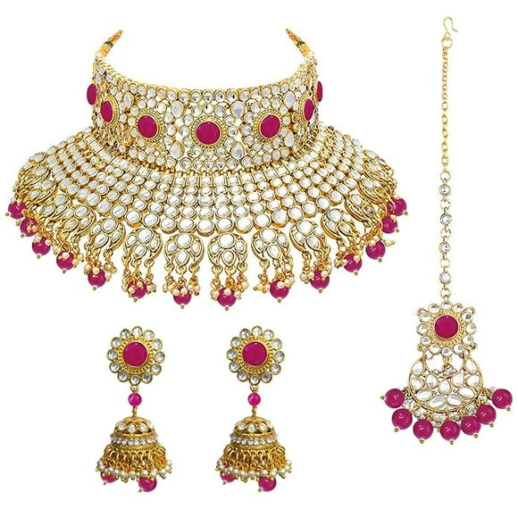 Kundan Pearl Studded Bridal Choker with Earrings Maang Tikka Jewellery Gift Set for Women