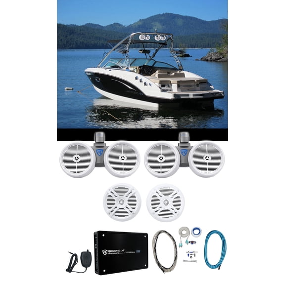 Rockville DWB80W Marine Bundle: (2) Dual 8" White Wakeboard Towers, Pair RMSTS65W Speakers, KRYPTON MF3 4-Ch Amp, RMWK4, 5-items