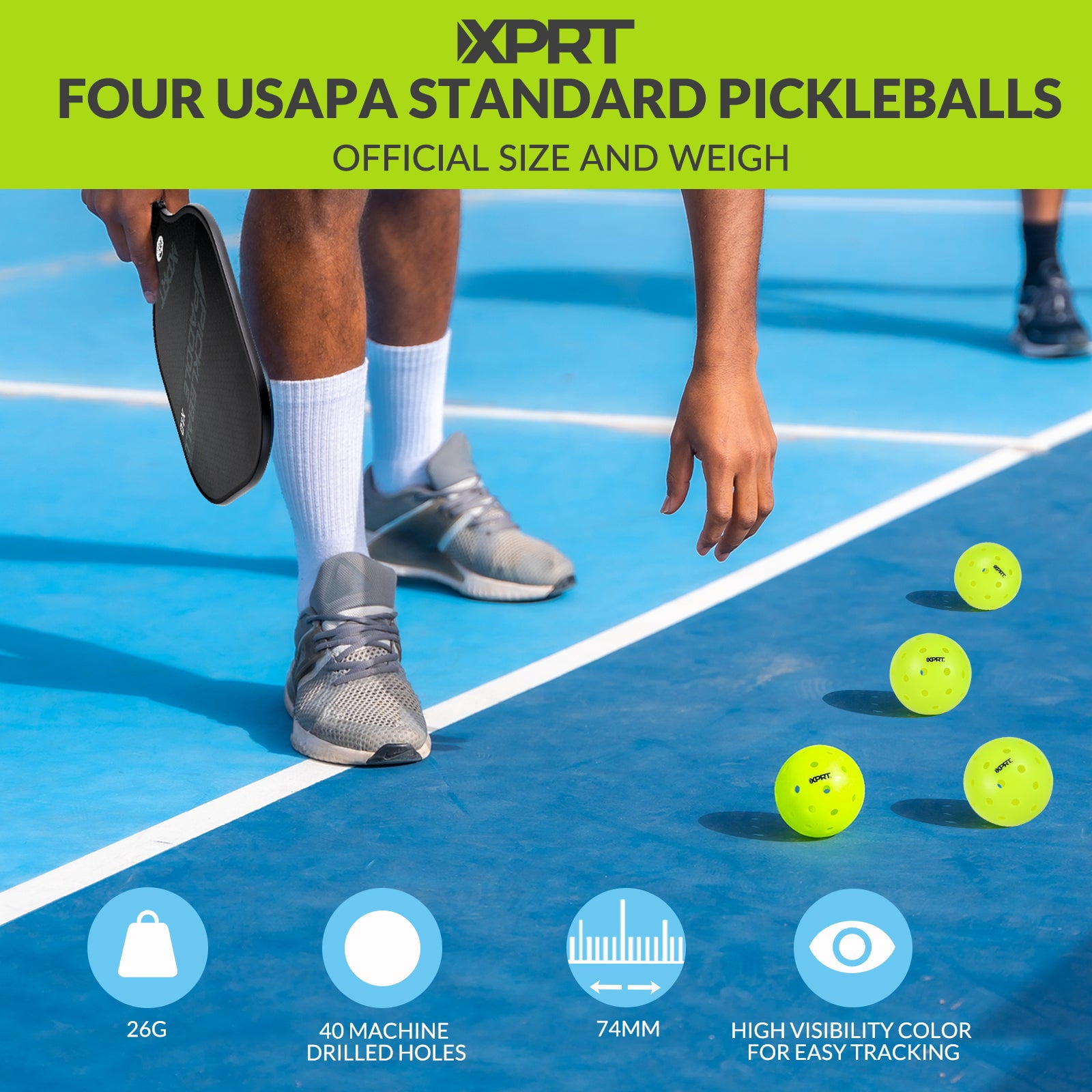 XPRT Fitness USAPA Approved Fiberglass Pickleball Paddle with 4 Outdoor Balls, 7.8 oz