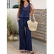 thumbnail image 5 of Conjunto de 2 Piezas para Mujer, Chaleco con Cuello en V y Cintura Anudada, Pantalones Casuales de Pierna , Azul Marino, Talla M, 5 of 9