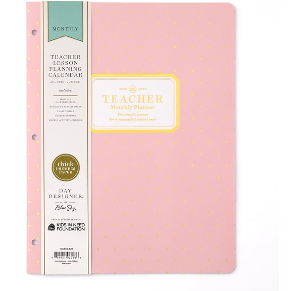 Teacher Planner Calendar July 2026 - June 2027, Academic Monthly Lesson Planner, 8.5" x 11" with Flexible Cover and Stapled Binding, Swiss Dot Blush Design