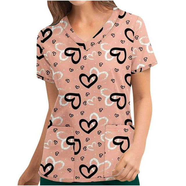 LSLJS Blouse à Manches Courtes Col en V pour Femmes, Imprimé Saint-Valentin, Poches, Blouses Médicales pour Femmes