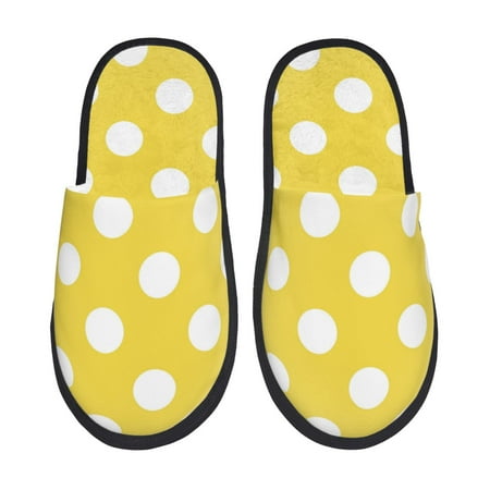 Balery Yellow And White Polka Dot Slient Indoor Furry Fleece Comfort House Shoes Soft Non-Slip Home Shoes Cotton slippers House Slippers-- Medium