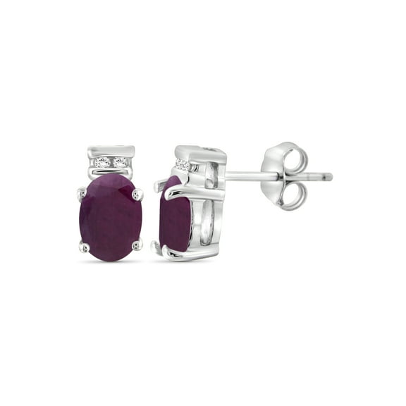 0.96 Carat Ruby Gemstone and 1/20 Carat White Diamond Women's Sterling Silver Earrings
