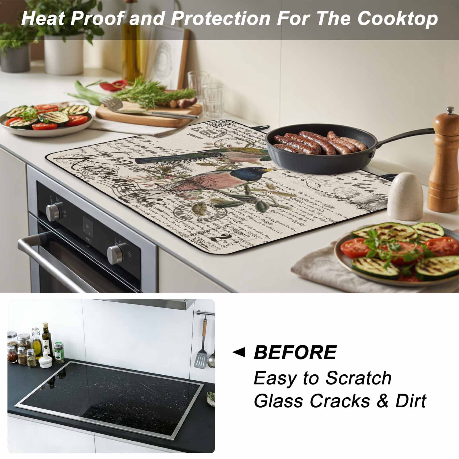 Vintage Birds Stove Top Cover for Electric Stove, Heat-proof & Non Slip Glass Top Stove Cover Protector, Country Envelope Postmark Farmhouse Botancial Kitchen Flat Cooktop Rubber Mat 36x21 Inches