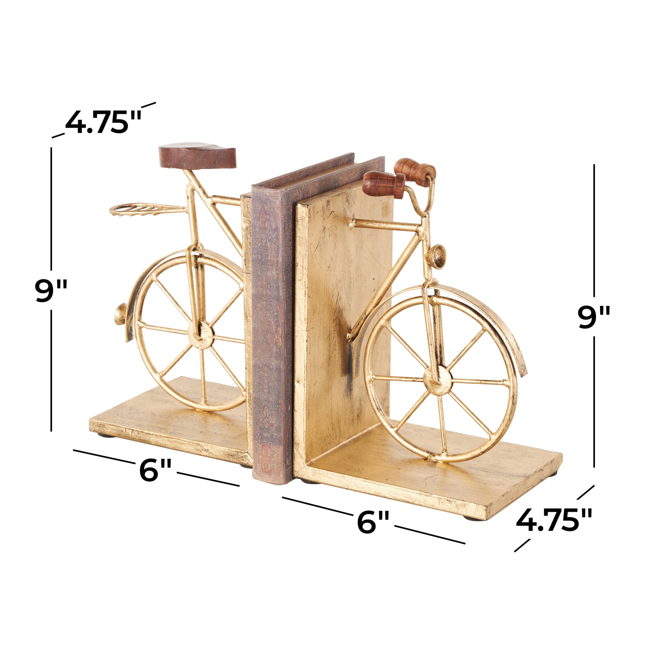 DecMode 6" Bike Gold Metal Bookends with Wood Accents (Set of 2)