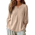 thumbnail image 5 of ClodeEU Women's V Neck 3/4 Sleeve Puff Sleeve Loose Blouse,Solid Color Casual Summer Top Khaki,Women's Plus XL, 5 of 7