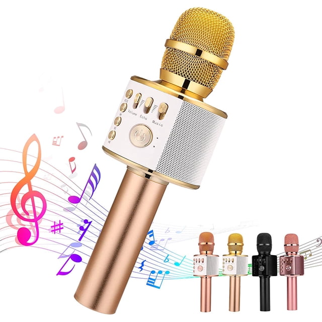 Microphone de Karaoké Sans Fil Bluetooth, Machine de Karaoké Portative 3 en 1 Multifonction pour Enfants, Micro Haut-Parleur Portable pour la Maison, Fête Chant - Or Pâle