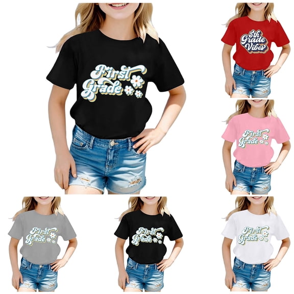 CAIXIA Kid Girls First Day Of School Shirt Hello Kindergarten First/second/third Grade Cotton T-Shirt Back To School Shirts for Girls Summer Short Sleeve Graphic Tees Top Toddler Girl Summer Clothes