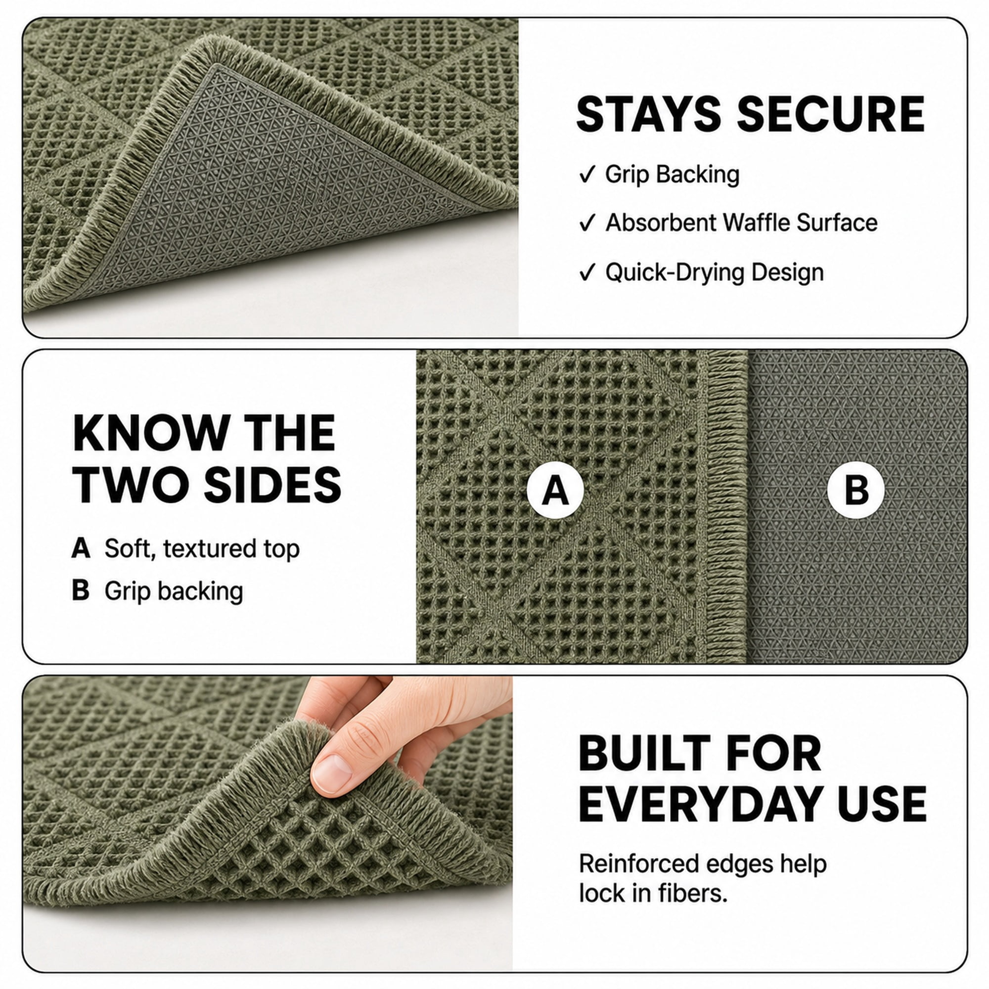 HBK 2 Piece Waffle Bath Mat Set, Non-Slip Bathroom Rugs, Absorbent & Machine Washable Shower Runner, Green, 20 x 47 and 18 x 30 Inches
