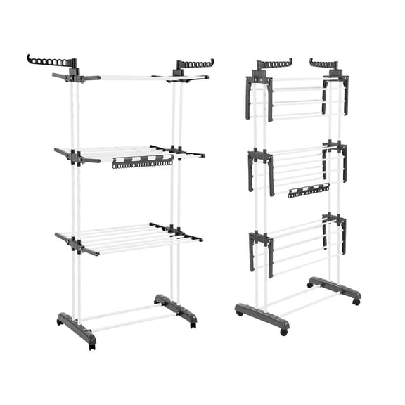 Clothes Drying Rack, 4-Tier Foldable Laundry Dryer Rack, Metal Drying Racks with 24 Drying Rods, Free-Standing and Portable Hanger with 4 Castors and Two Side Wings for Outdoor & Indoor Use