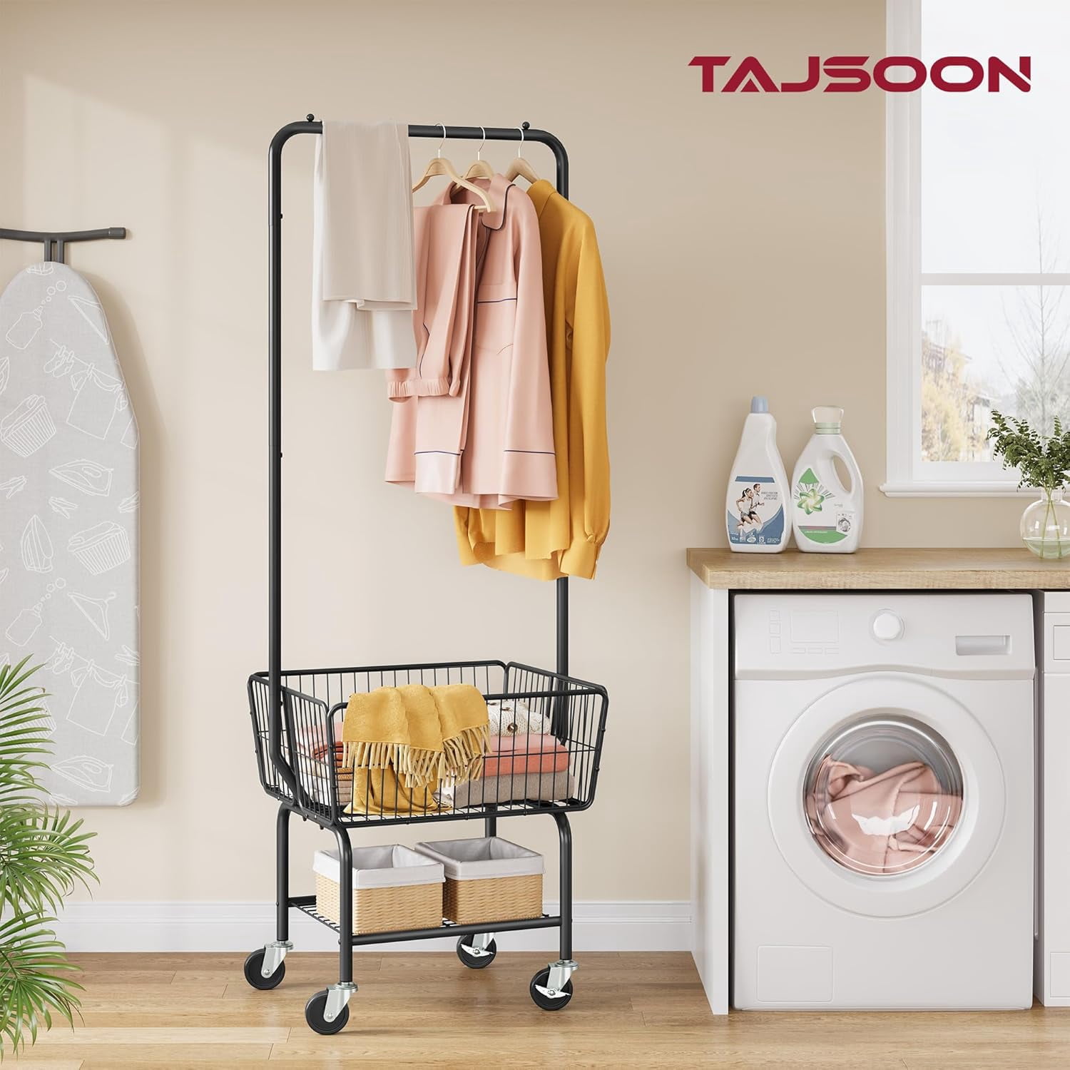 Laundry Cart with Hanging Rack, Metal Laundry Basket with Wheels, Laundry Hamper with Storage Basket and Shelf, Rolling Laundry Cart with Wheels, Black