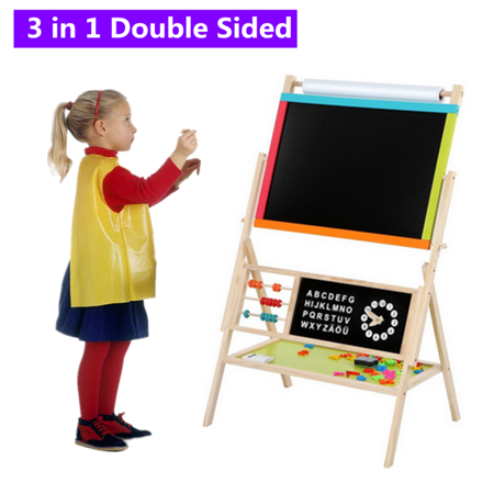 Blackboard For Kids All-in-One Multifunction Kid's Art Easel Wooden Height Adjustable Standing Easel with Color Chalk, Mark Pen, Blackboard Eraser, White Board Rub ()