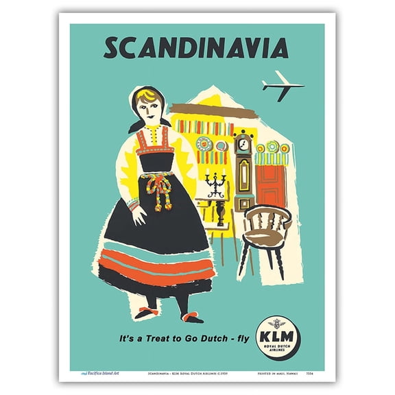 Scandinavia - Norwegian Woman in Bunad Dress - KLM Royal Dutch Airlines - Vintage Airline Travel Poster c.1959 - Master Art Print (Unframed) 9in x 12in