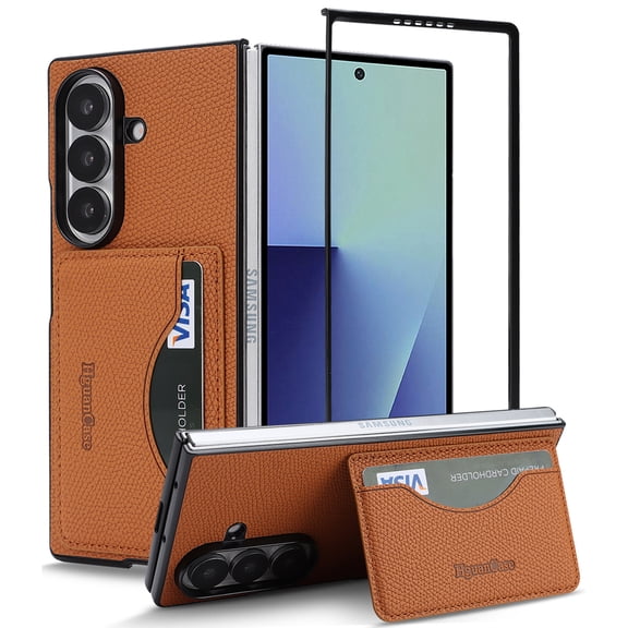 for Samsung Galaxy Z Fold 7 Case with Card Holder, Hidden Stand Slim Thin PU Leather Hard PC Shockproof Cover for Samsung Galaxy Z Fold 7 – Brown