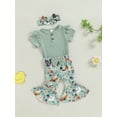 thumbnail image 4 of vera natura Baby Girl Romper Outfit Ribbed Ruffled Short Sleeve Jumpsuit with FloralChick Flare Pants Headband 3Pcs Outfit, 4 of 8